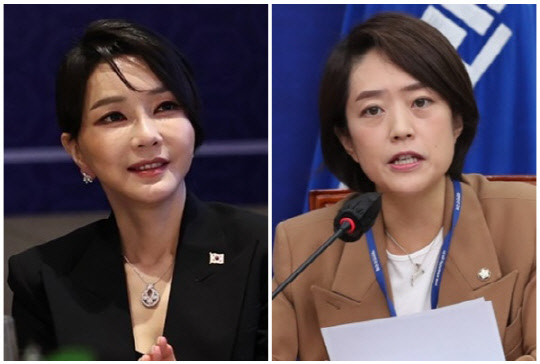 윤석열 대통령 부인 김건희 여사(왼쪽)와 고민정 더불어민주당 최고위원. <대통령실 제공, 연합뉴스>